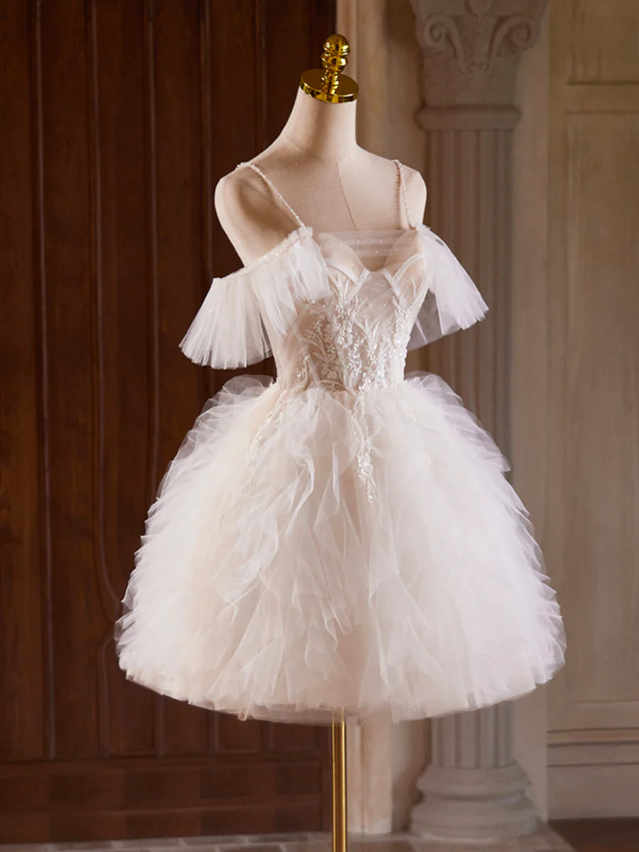 A-Line Tulle Layers Short Prom Dress, Light Champagne Spaghetti Strap Party Dress nv1417