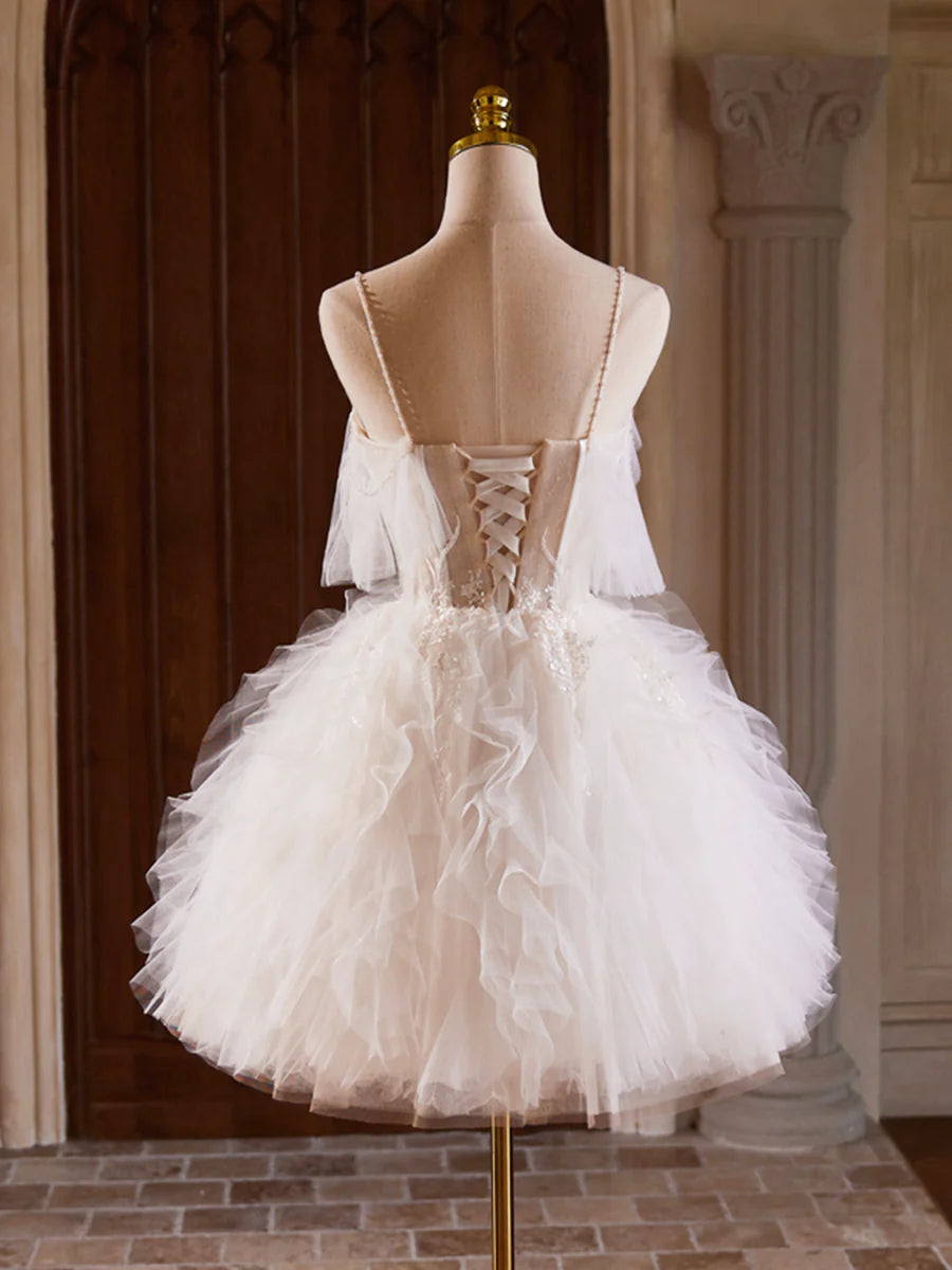 A-Line Tulle Layers Short Prom Dress, Light Champagne Spaghetti Strap Party Dress nv1417