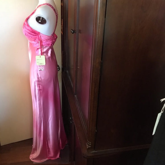 Pink Shiny Retro Pretty Fashion V-neck Strap Long Satin Ball Gown Evening Dress Party Dress nv3617