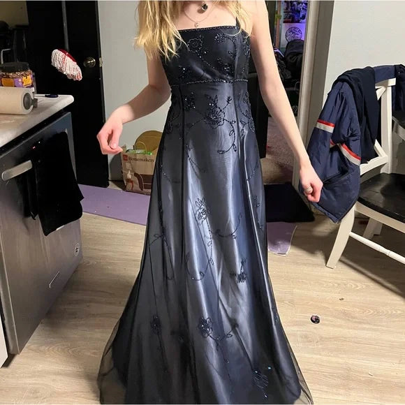 Schwarzer Farbverlauf, schönes Retro-Mode-exquisites, perlenbesetztes langes Tüll-Ballkleid, Abendkleid, Partykleid nv3772