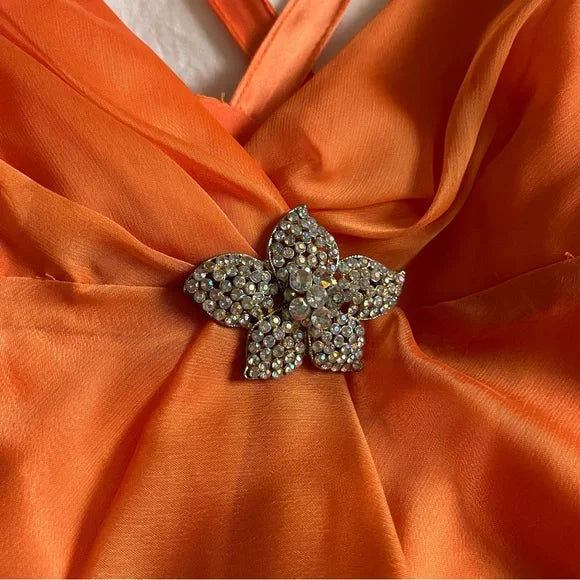 Orange Fashion Elegant Off Shoulder Exquisite Strap Long Satin Formal Prom Dress Evening Gown Party Dress nv3651