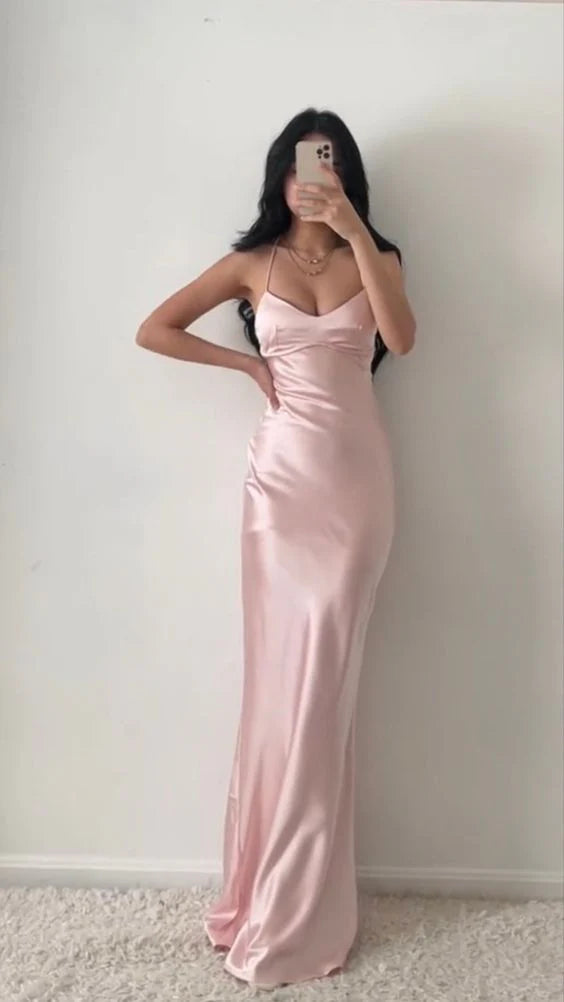 Halter Neck Pink Prom Dresses Sheath Satin Evening Dress nv1634