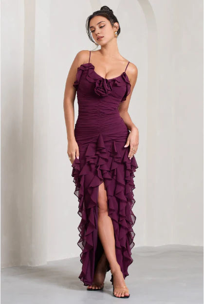 Purple Fashion Elegant Spaghetti Strap Long Chiffon Ruffle Ball Gown Evening Dress Holiday Party Dress Wedding Guest Dress Prom Dress nv3826