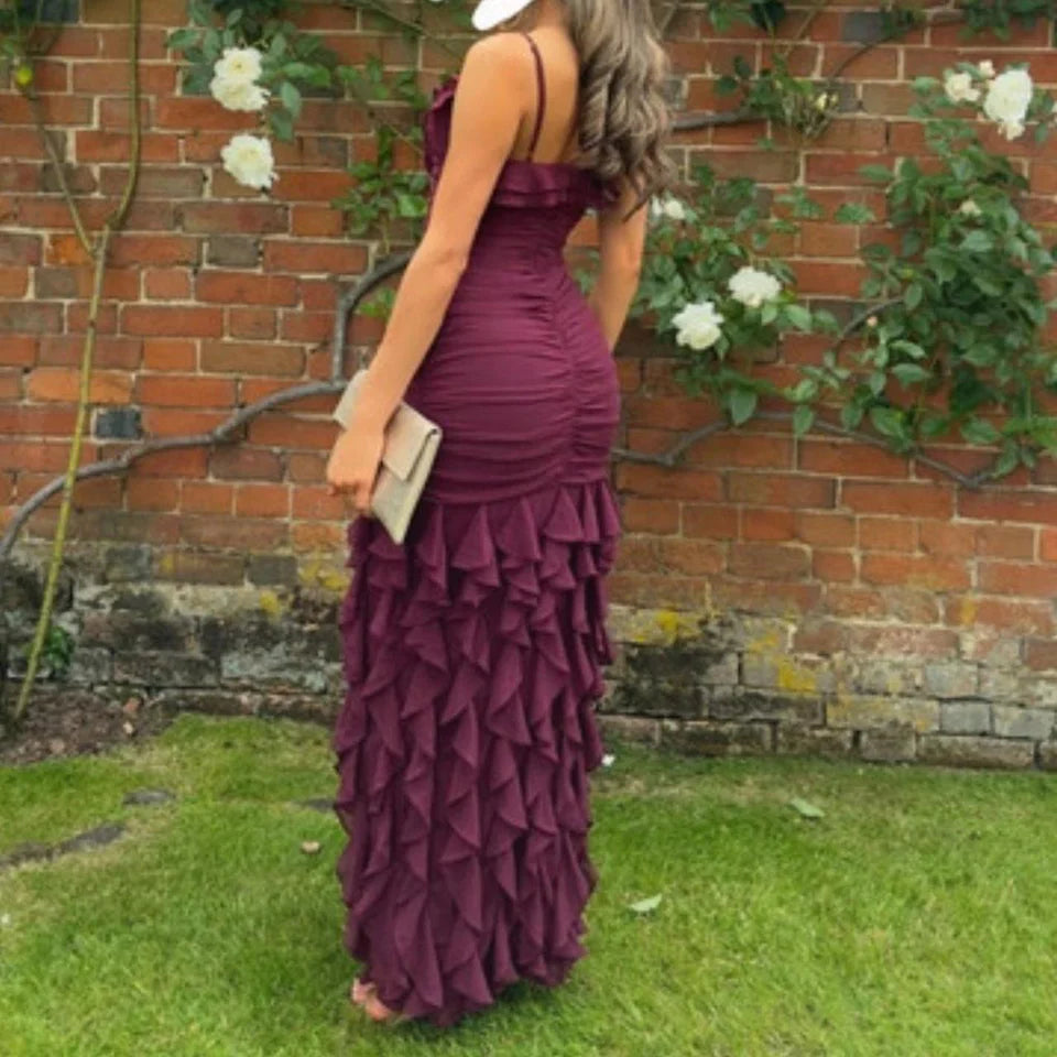 Purple Fashion Elegant Spaghetti Strap Long Chiffon Ruffle Ball Gown Evening Dress Holiday Party Dress Wedding Guest Dress Prom Dress nv3826