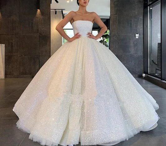 Glitter Strapless Ball Gown Wedding Dresses Sparkly Bridal Gown nv387