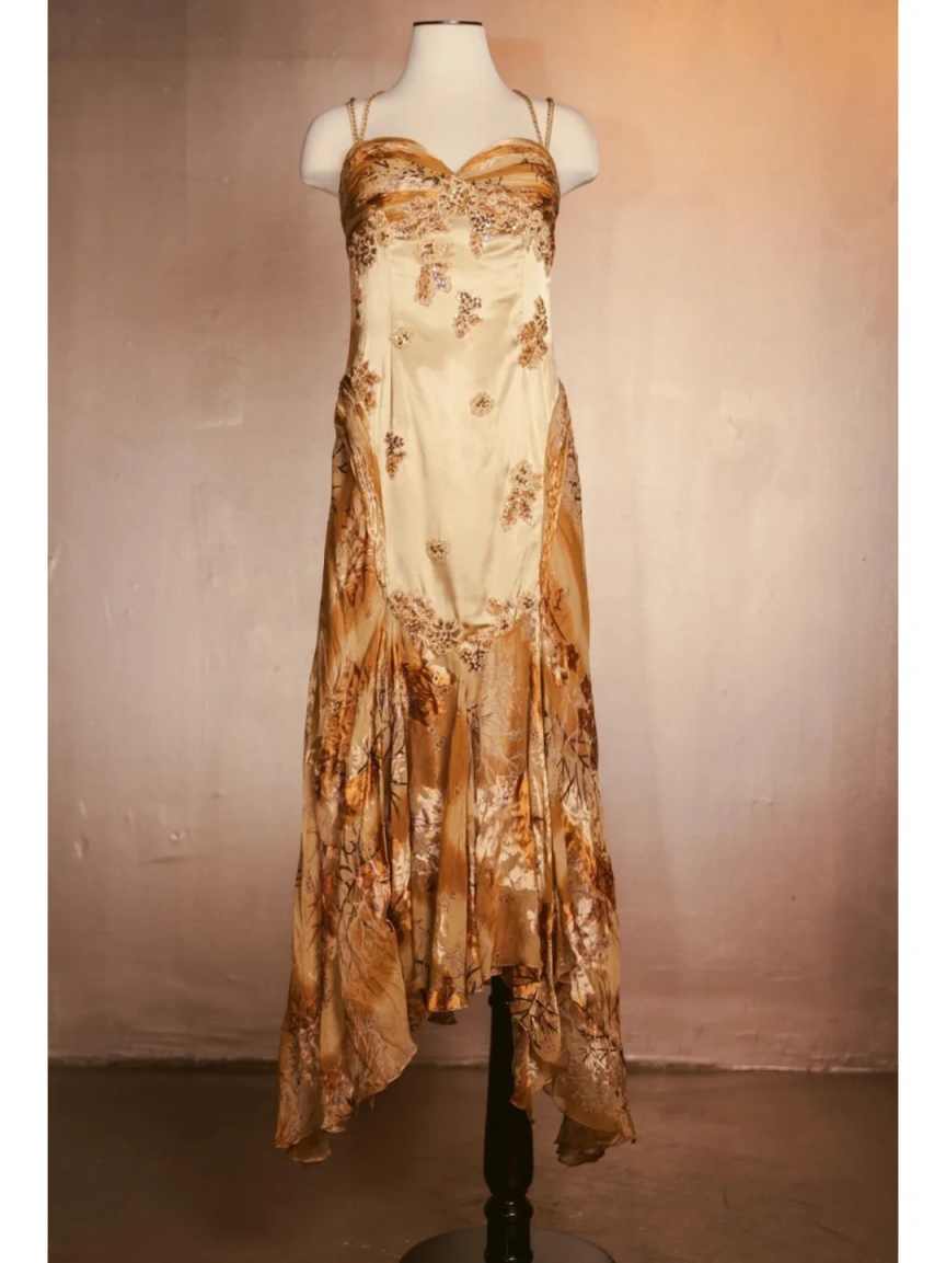 Gold Floral Elegant Long Satin Prom Dress Evening Dress Party Dress nv4696