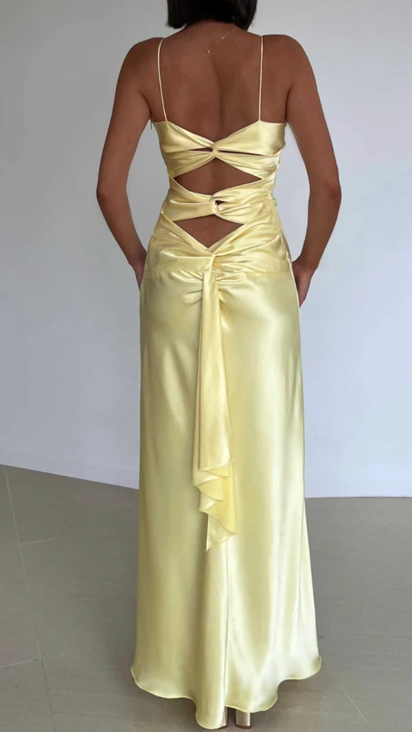 Yellow Fashion Elegant Satin Backless Long Spaghetti Straps Evening Gown Prom Dress nv1667