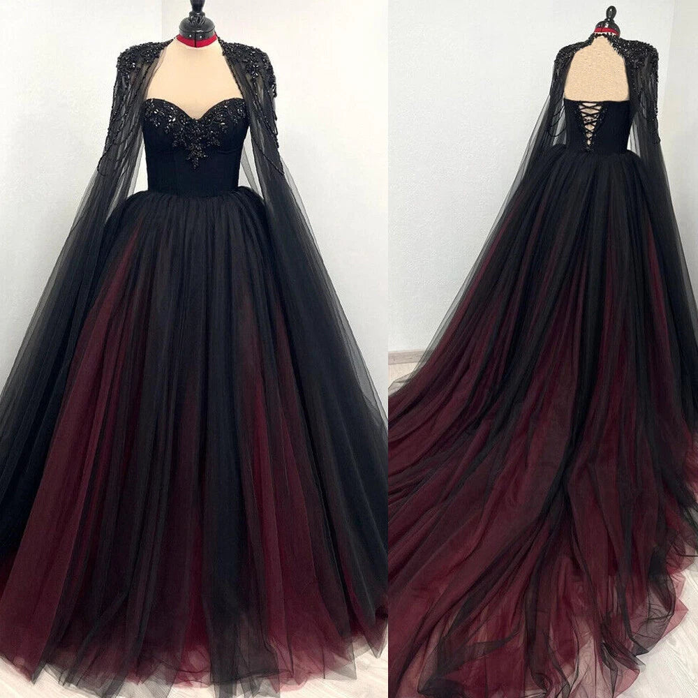 Ärmelloses, schwarz-rotes Tüllkleid mit Farbverlauf | Luxuriöses, glamouröses Cape-Kleid mit Perlenbesatz und ohne Schleppe für Galabälle NV6298
