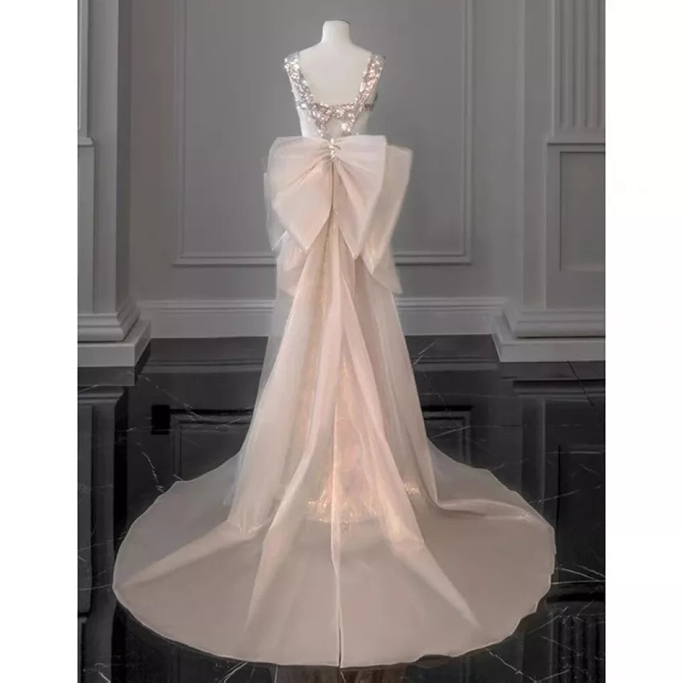 pink gorgeous sparkling pretty mermaid ball gown with detachable bow long elegant sequin formal prom dress eveng Dress Party Dress nv3725