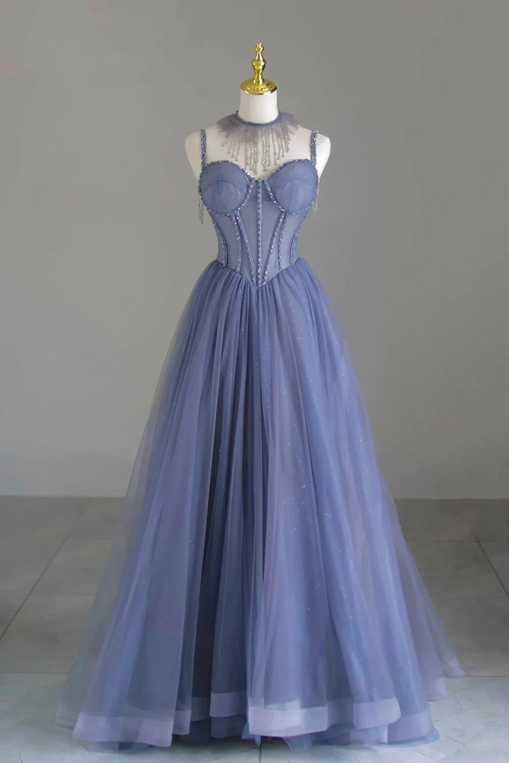 Blue spaghetti strap tulle beaded long ball gown, beautiful A-line evening dress nv1706