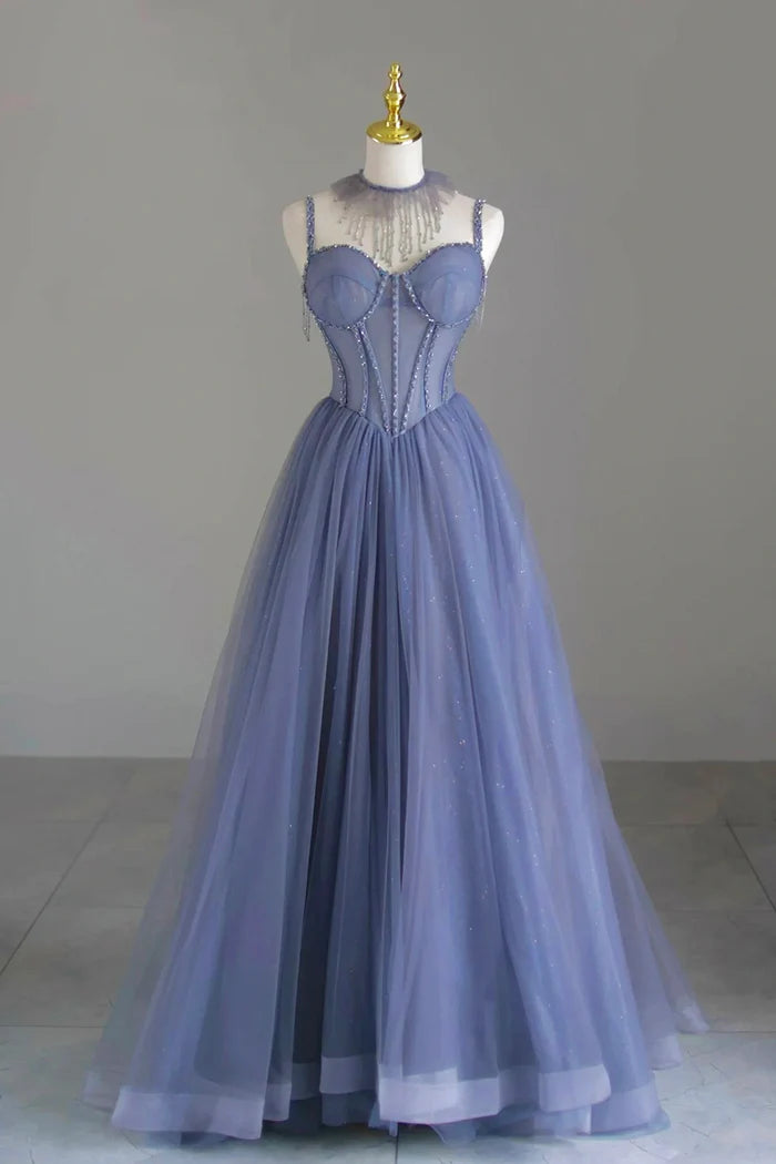 Blue spaghetti strap tulle beaded long ball gown, beautiful A-line evening dress nv1706