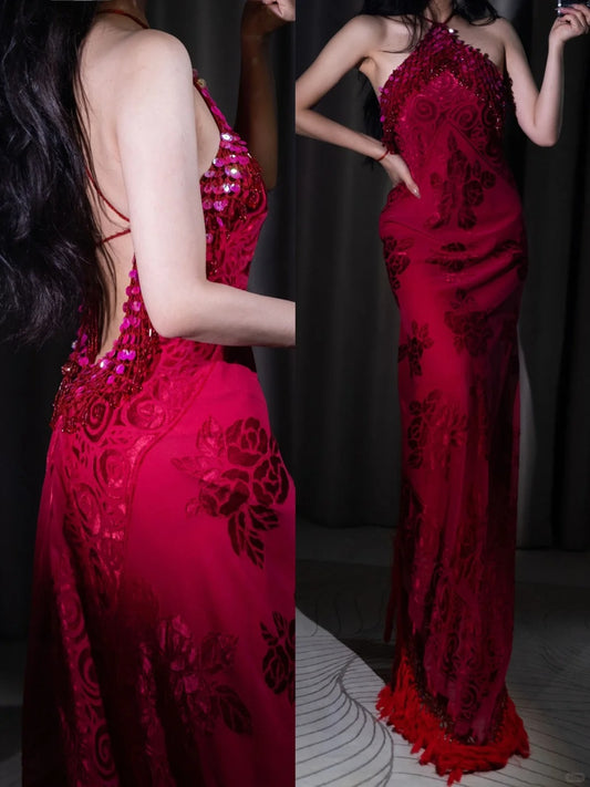 Pink Floral Sequined Long Chiffon Prom Dress Evening Dress Party Dress nv5129