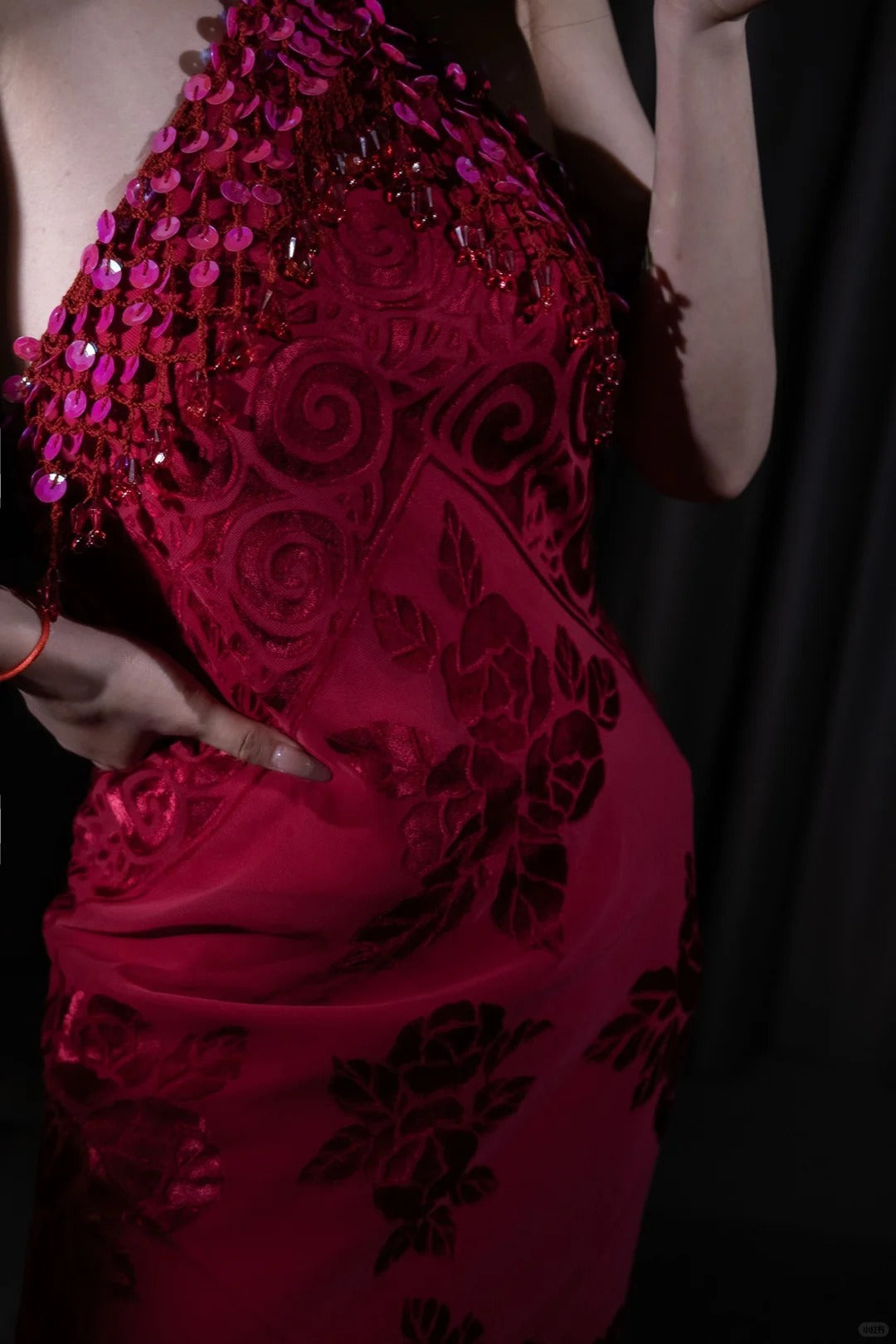 Pink Floral Sequined Long Chiffon Prom Dress Evening Dress Party Dress nv5129