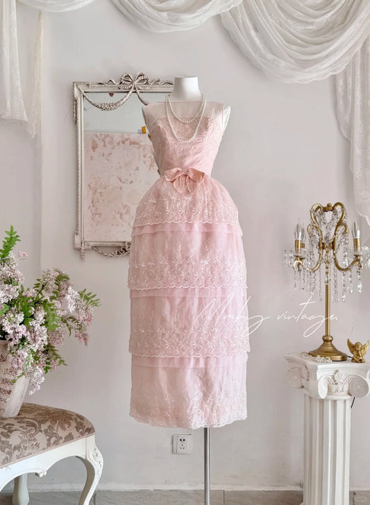 Pink retro cute fashion elegant embroidered flower bud dress long waist tulle velvet bow embellishment cake skirt ball dress evening dress prom dress nv4087