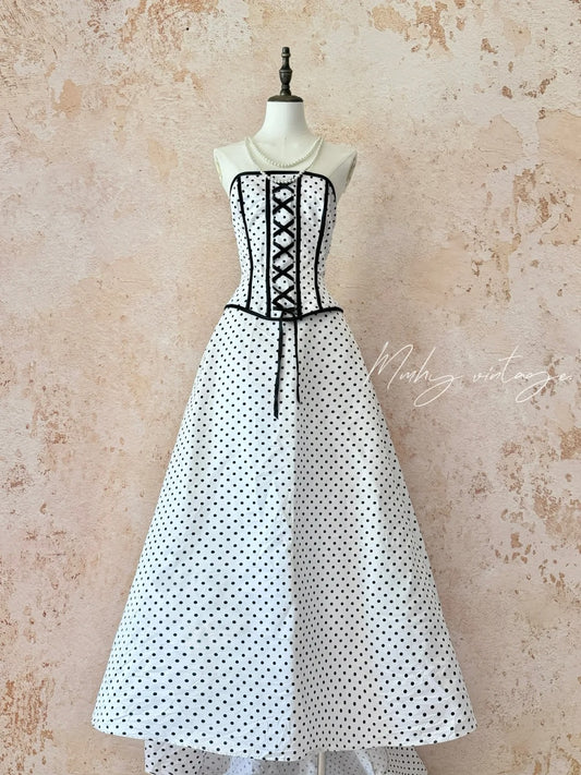 Black and white classic polka dot retro fashion A-line skirt bow tie long floor-length trailing tulle chiffon ball gown evening dress birthday adult ceremony party dress nv4092