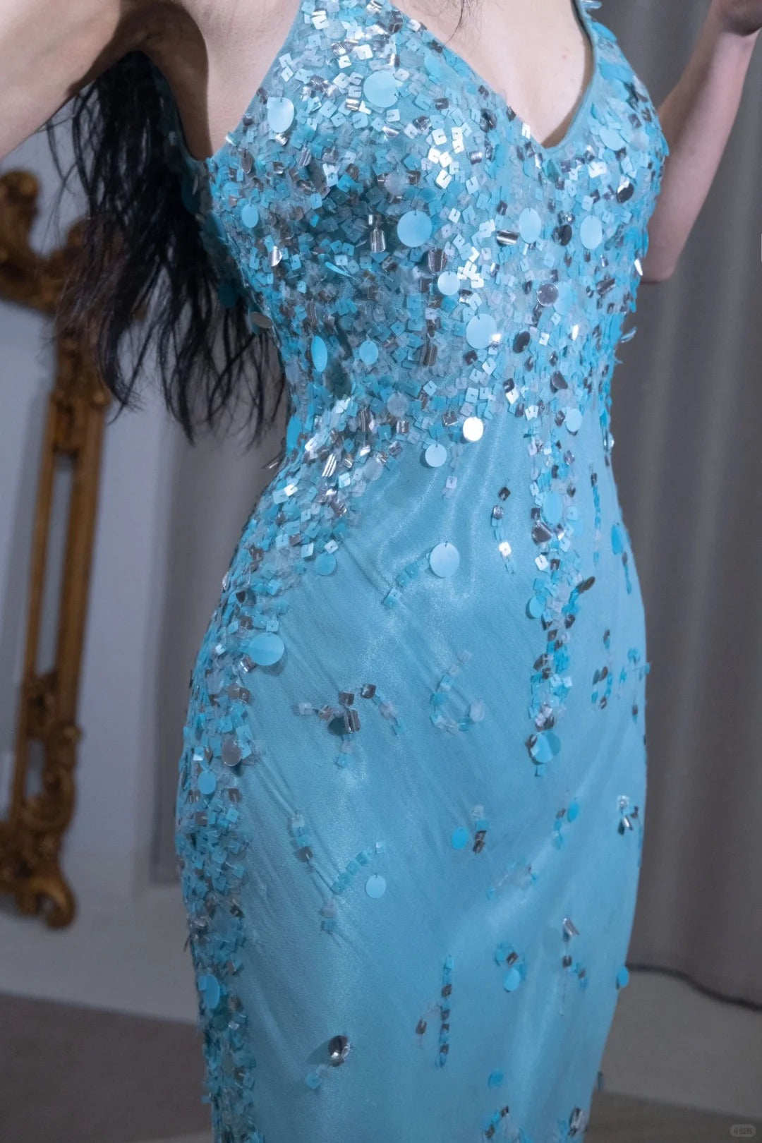 Blue Shiny Sequined V-Neck Long Chiffon Prom Dress Evening Dress Party Dress nv5127
