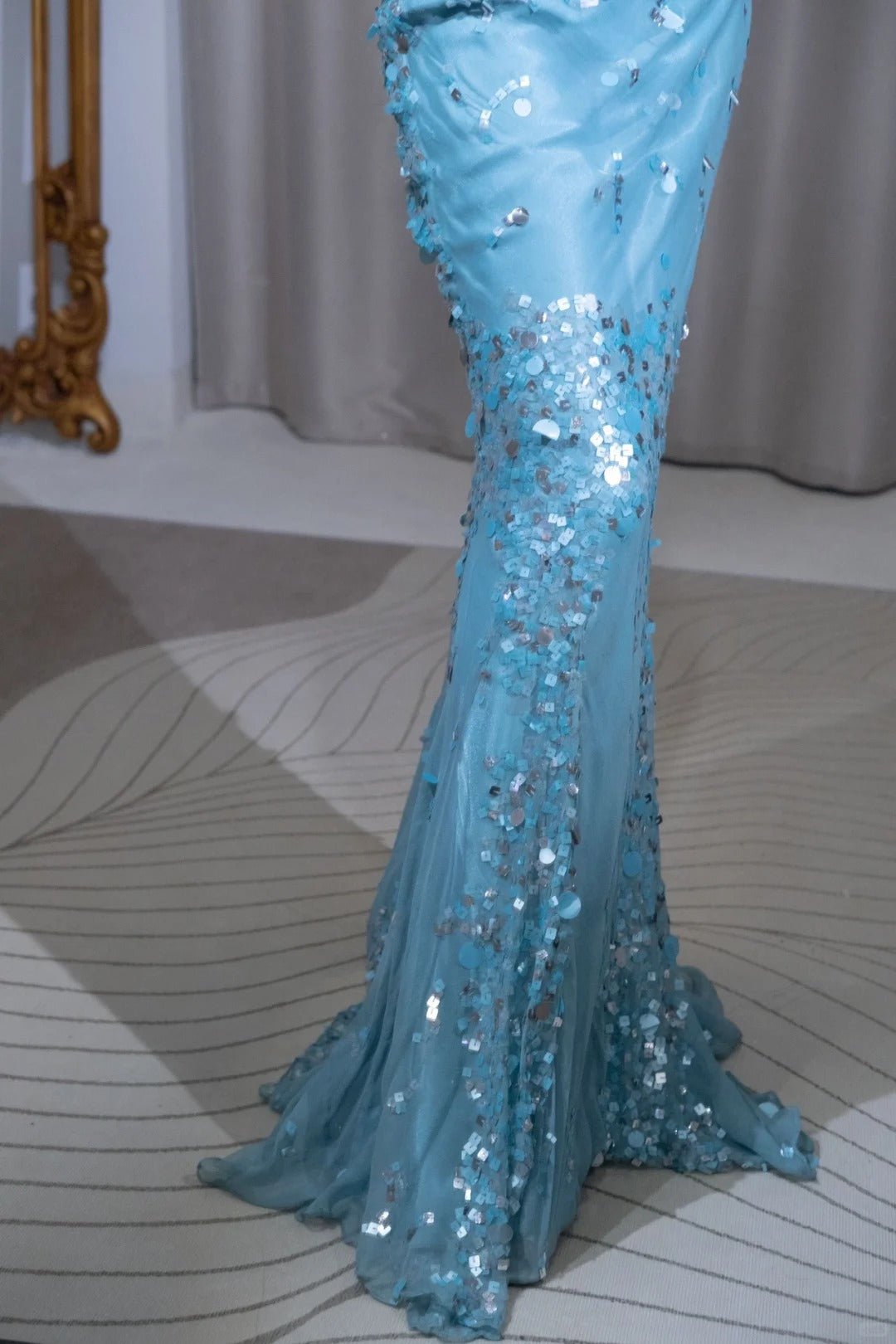Blue Shiny Sequined V-Neck Long Chiffon Prom Dress Evening Dress Party Dress nv5127