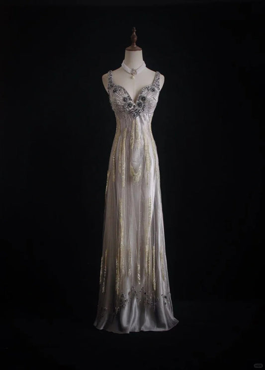 Silver tulle beaded, shiny and gorgeous, Galaxy Heavy Vintage double-shouldered Gatsby-style dress, ball gown, evening gown, party dress nv5207