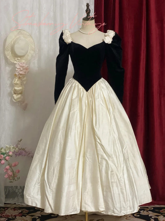 Ivory vintage rose long satin velvet ball gown nv4996