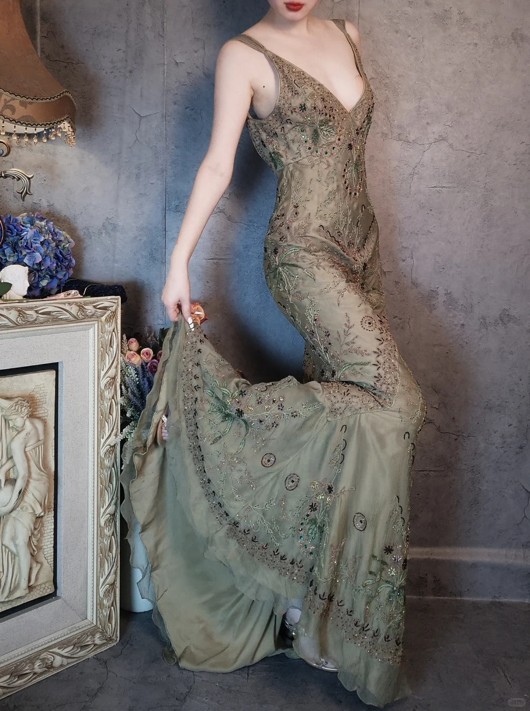Enchanting dark green vintage long exquisite beaded prom dress nv5434