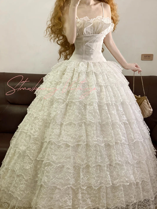 White lace vintage elegant long tulle princess ball gown evening dress party dress nv5010