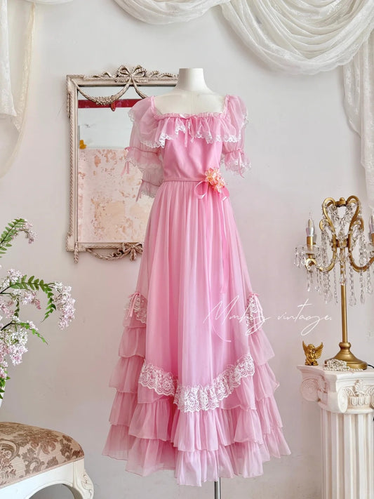 Pink Retro Sweet Cute Fashion Exquisite Lace Bow Puff Sleeve Ruffle Princess Dress Long Tulle Chiffon Ball Dress Evening Dress Birthday Adult Ceremony Party Dress nv4090