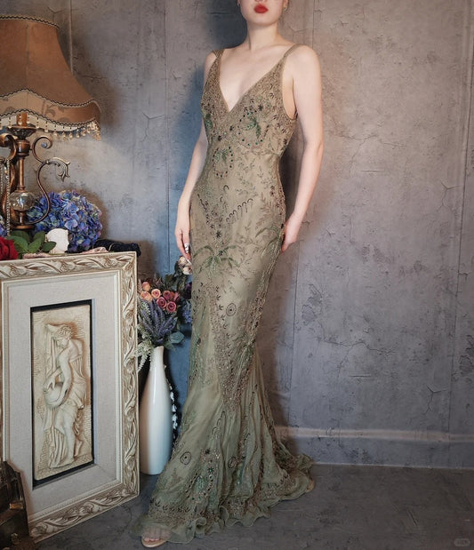 Enchanting dark green vintage long exquisite beaded prom dress nv5434