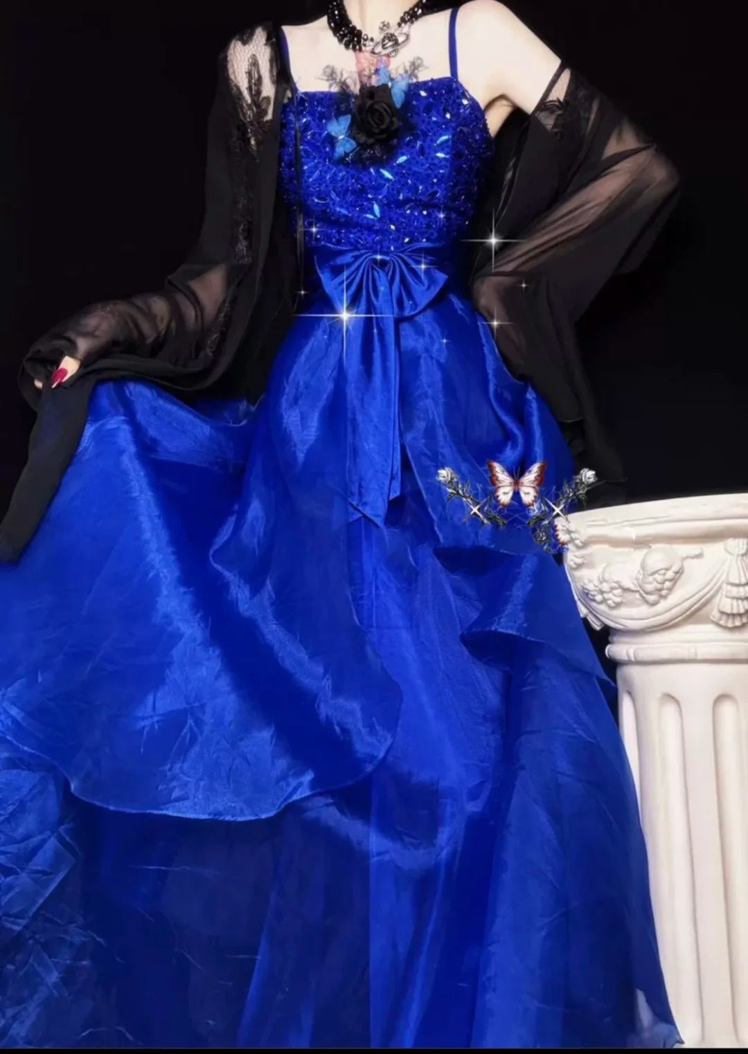 Blue gorgeous exquisite beaded long tulle ball gown evening dress party dress nv4376