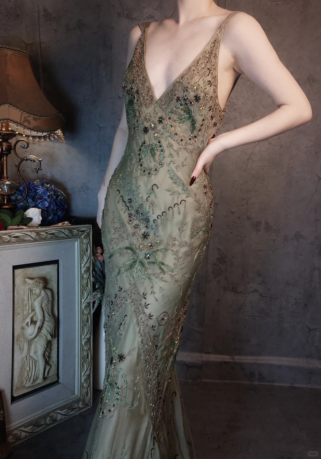 Enchanting dark green vintage long exquisite beaded prom dress nv5434