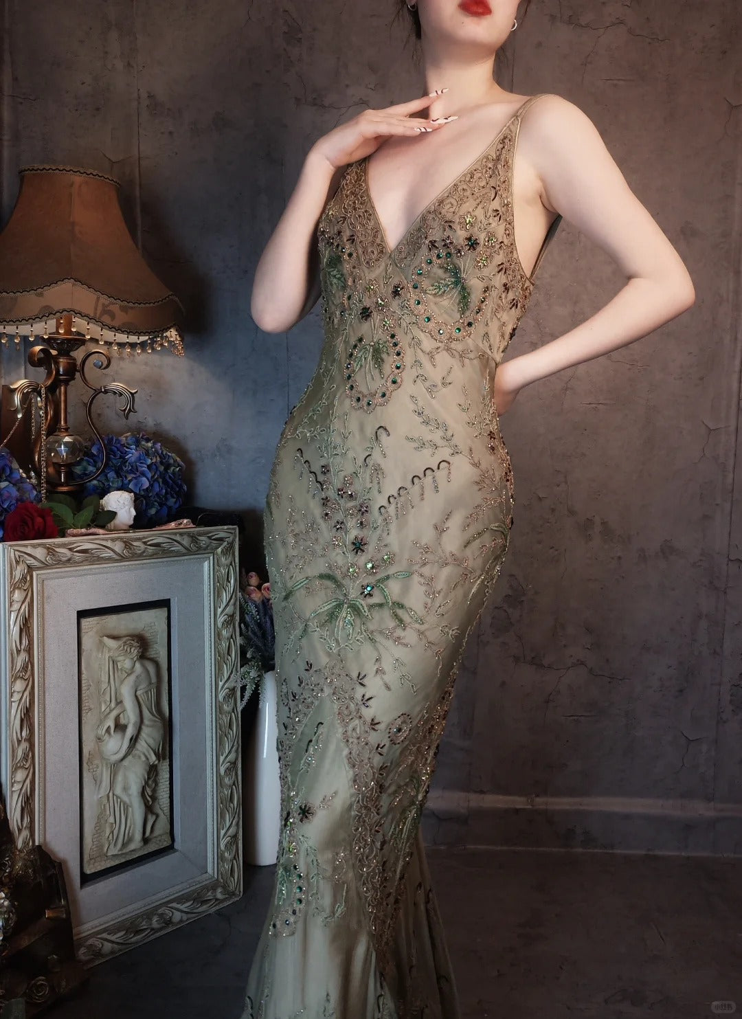 Enchanting dark green vintage long exquisite beaded prom dress nv5434