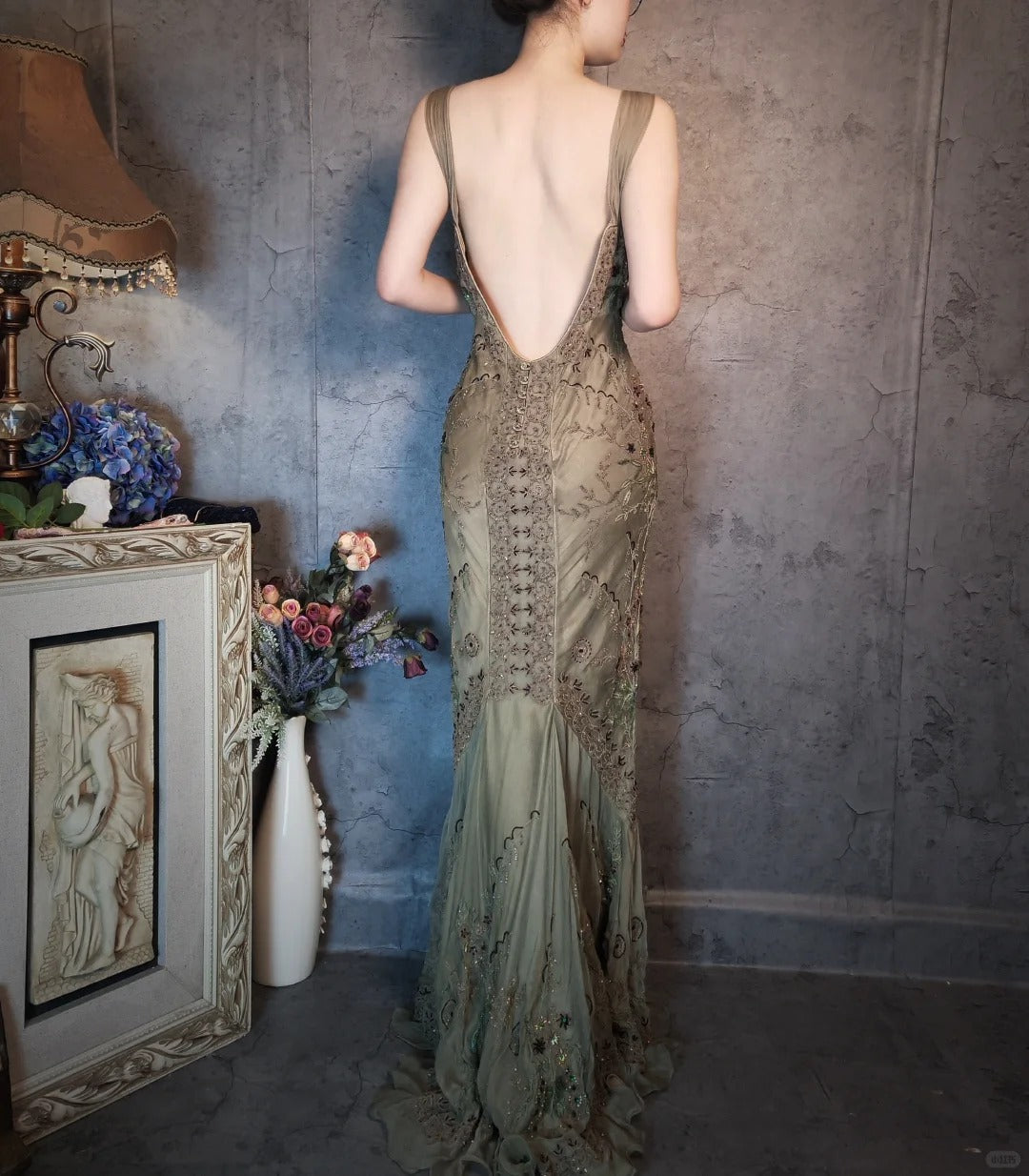 Enchanting dark green vintage long exquisite beaded prom dress nv5434