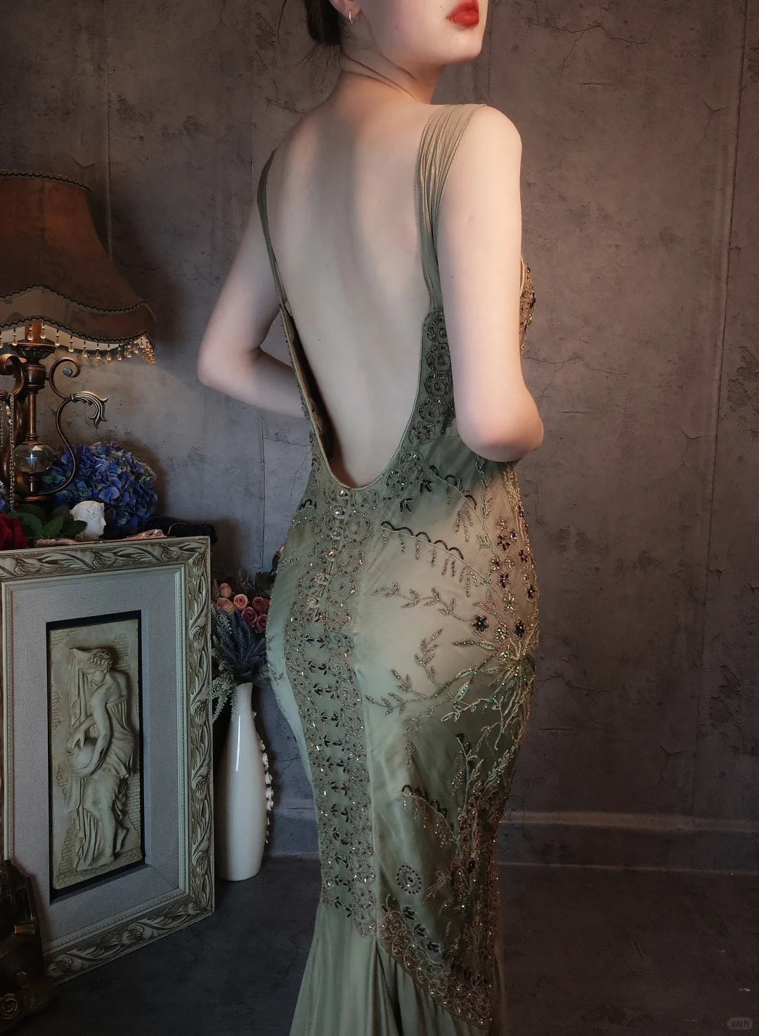 Enchanting dark green vintage long exquisite beaded prom dress nv5434