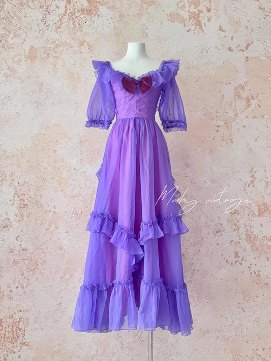 Grape Purple Retro Fashion Cute Puff Sleeves Wood Ear Edge Long Tulle Chiffon Ball Gown Evening Gown Birthday Adult Ceremony Party Gown nv4093