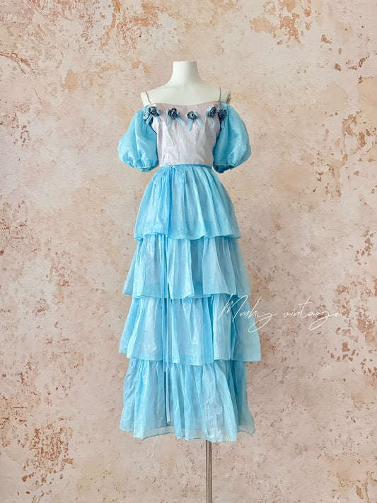 Blue Ice Rose Cake Dress Retro Sweet Cute Fashion Puff Sleeves Ruffle Princess Dress Long Cake Skirt Tulle Chiffon Ball Dress Evening Dress Birthday Adult Ceremony Party Dress nv4091