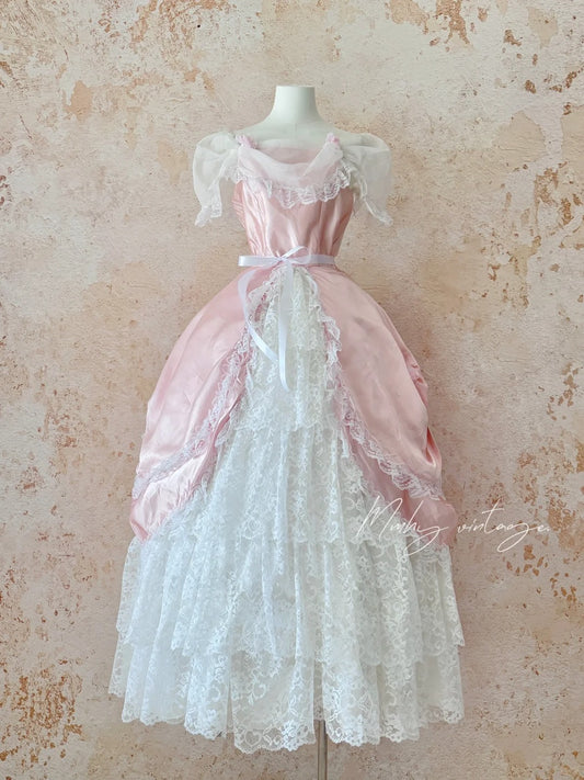 Pink Retro Elegant Sweet Exquisite Lace Cake Princess Dress Long Adult Ceremony Dress Birthday Dress Prom Dress Evening Dress nv4094