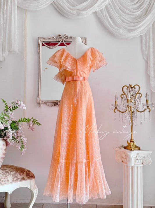Orange vintage fashion elegant floral ruffled water ripple embroidered long organza floor length ball gown evening gown prom dress nv4086