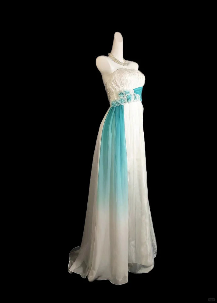 White Blue Floral Long Tulle Elegant Formal Prom Dress Evening Dress Party Dress Bridesmaid Dresses nv4275