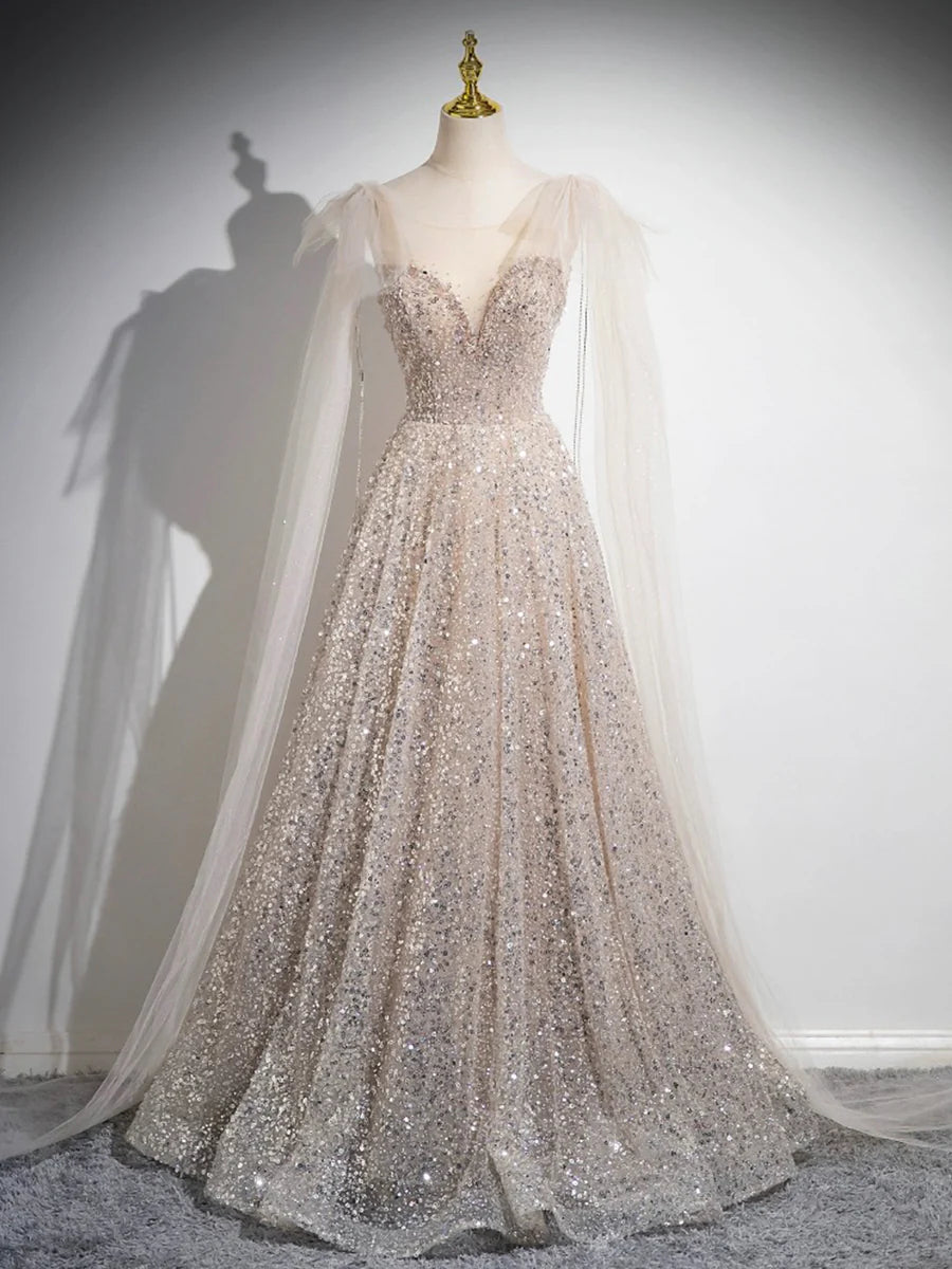 Champagne Tulle Sequins Long Prom Dress, Sparkling A-Line Evening Party Dress nv1415