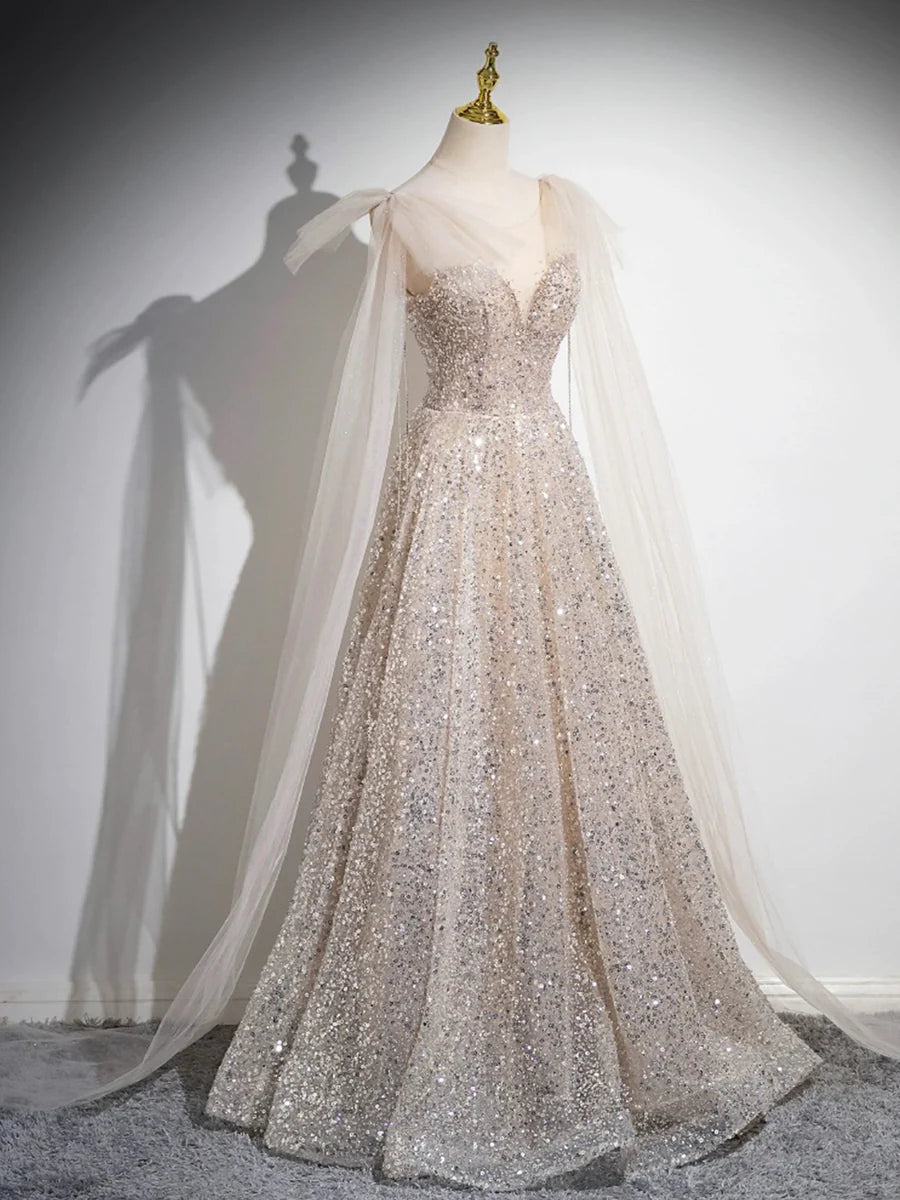 Champagne Tulle Sequins Long Prom Dress, Sparkling A-Line Evening Party Dress nv1415