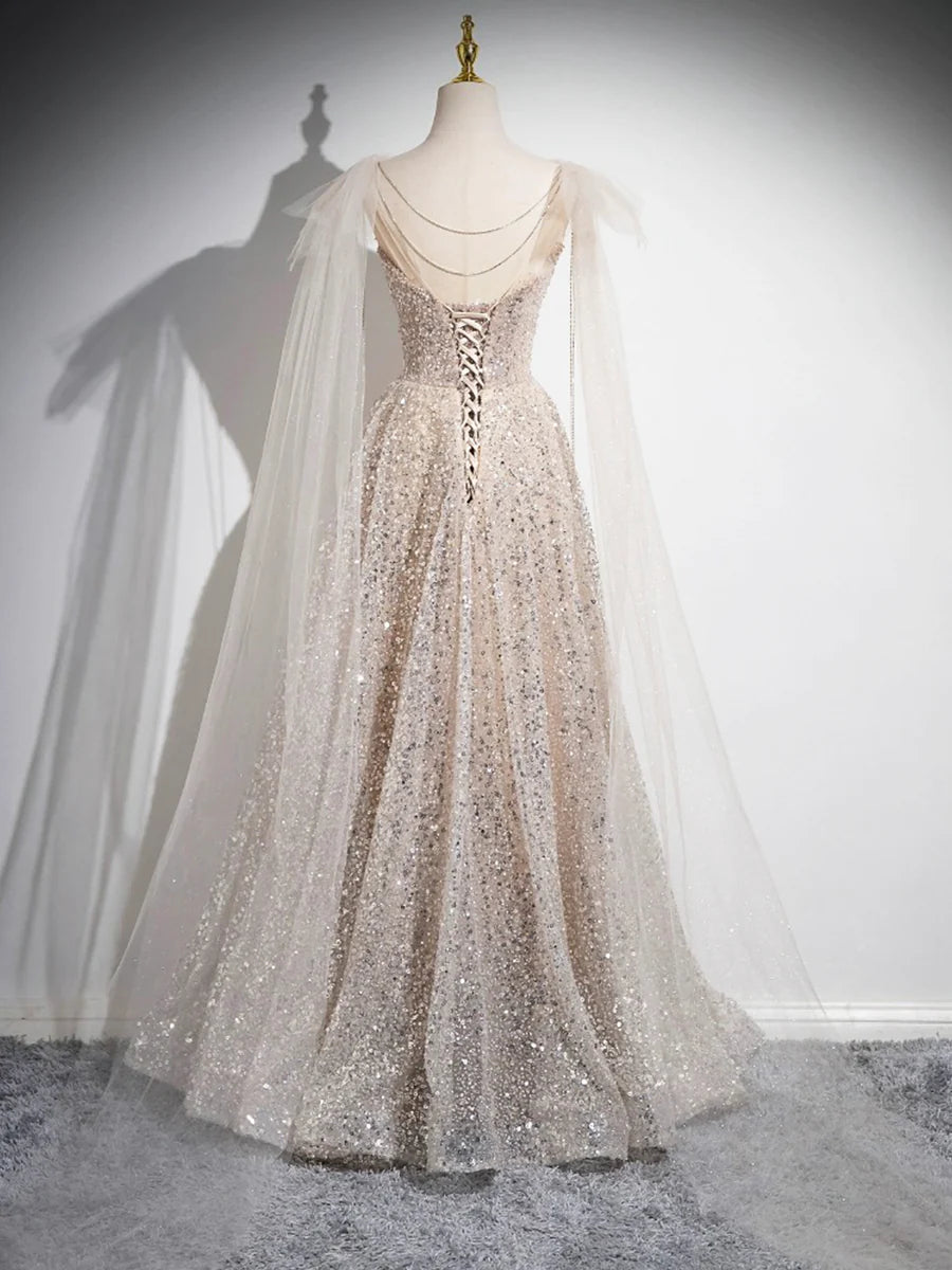 Champagne Tulle Sequins Long Prom Dress, Sparkling A-Line Evening Party Dress nv1415