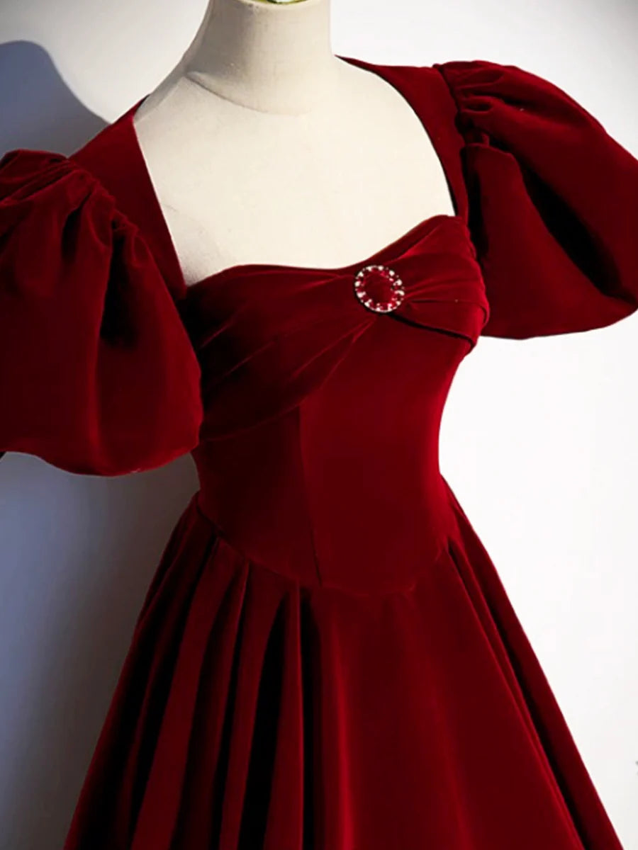 Burgundy Velvet Floor Length Prom Dress, Beautiful Open Back Evening Dress with Pearls nv1574