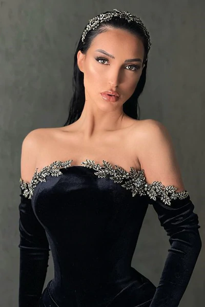 BLACK HIGH-SPLIT VELVET OFF-THE-SHOULDER MERMAID PROM DRESS nv41