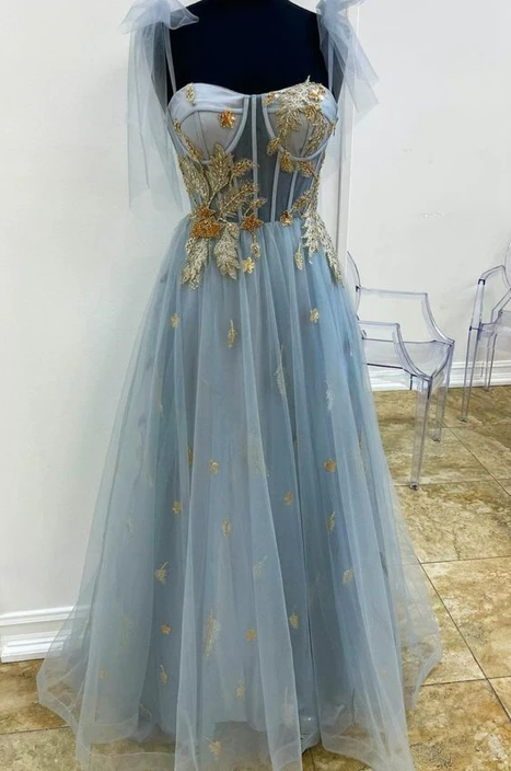 Robe de soirée longue à appliqués bleu et or de coupe A nv591