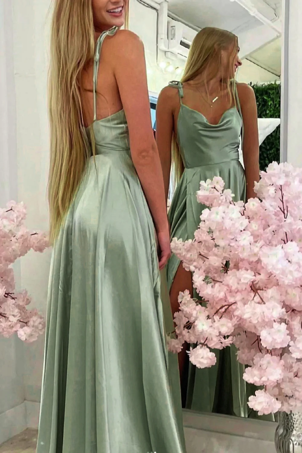A Line Spaghetti Straps Light Green Long Prom Dress with Silt nv695