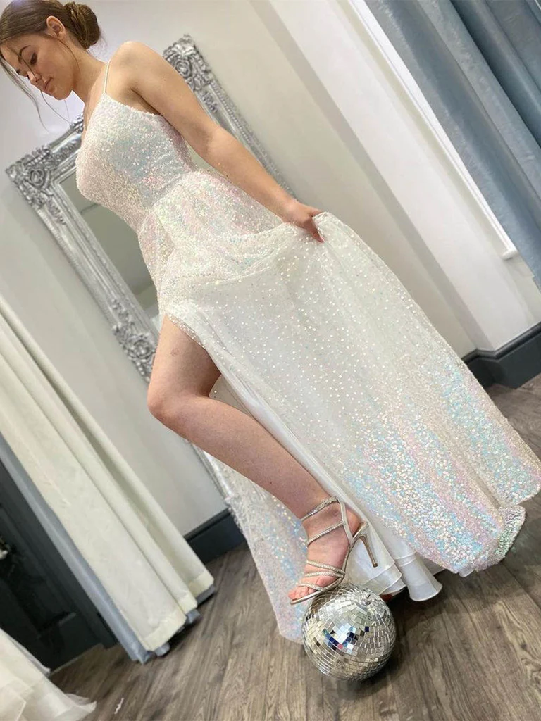 Shiny Sequins Open Back Ivory Long Prom Dresses, Sparkly Ivory Formal Graduation Evening Dresses nv831