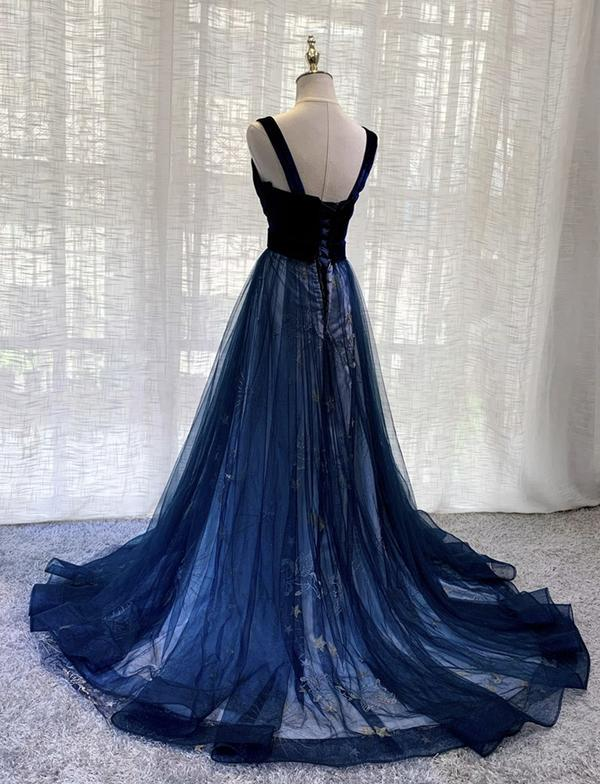 Langes Ballkleid aus blauem Samttüll, formelles Kleid NV607