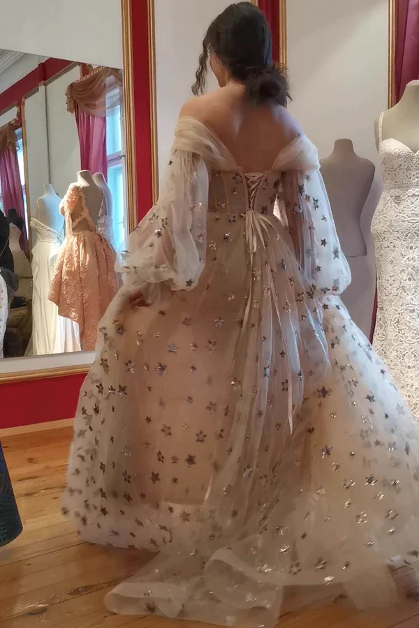 Princess Tulle Starry Prom Dress, Sparkly Off The Shoulder Stars Long Party Gown nv858