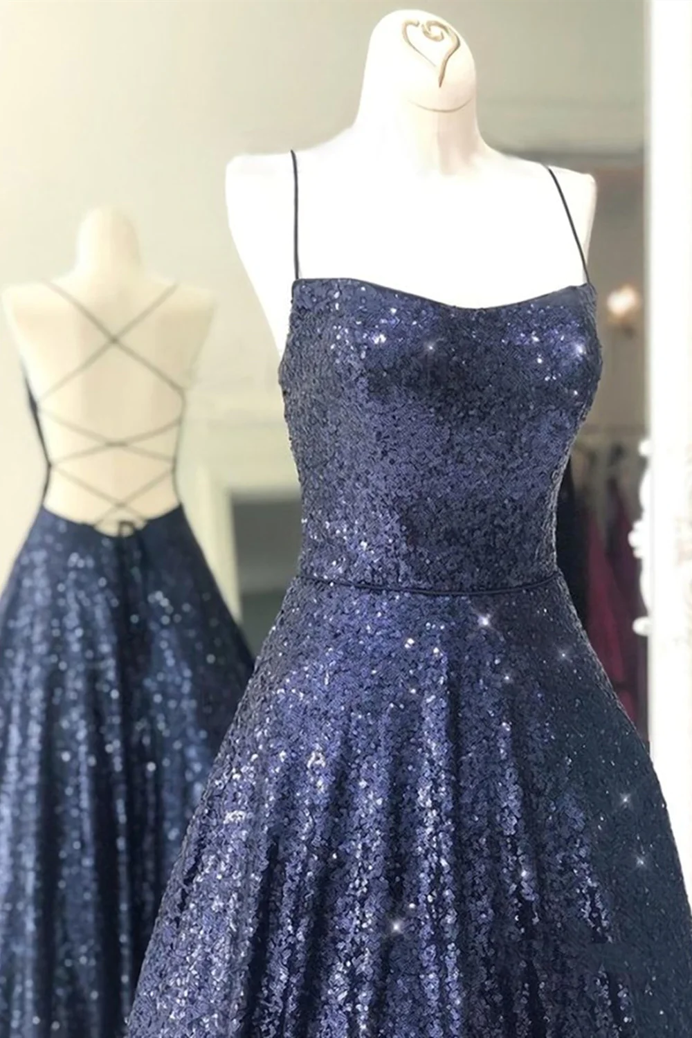 Sparkly Backless Navy Blue Long Prom Dresses, Open Back Long Navy Blue Formal Evening Dresses nv620