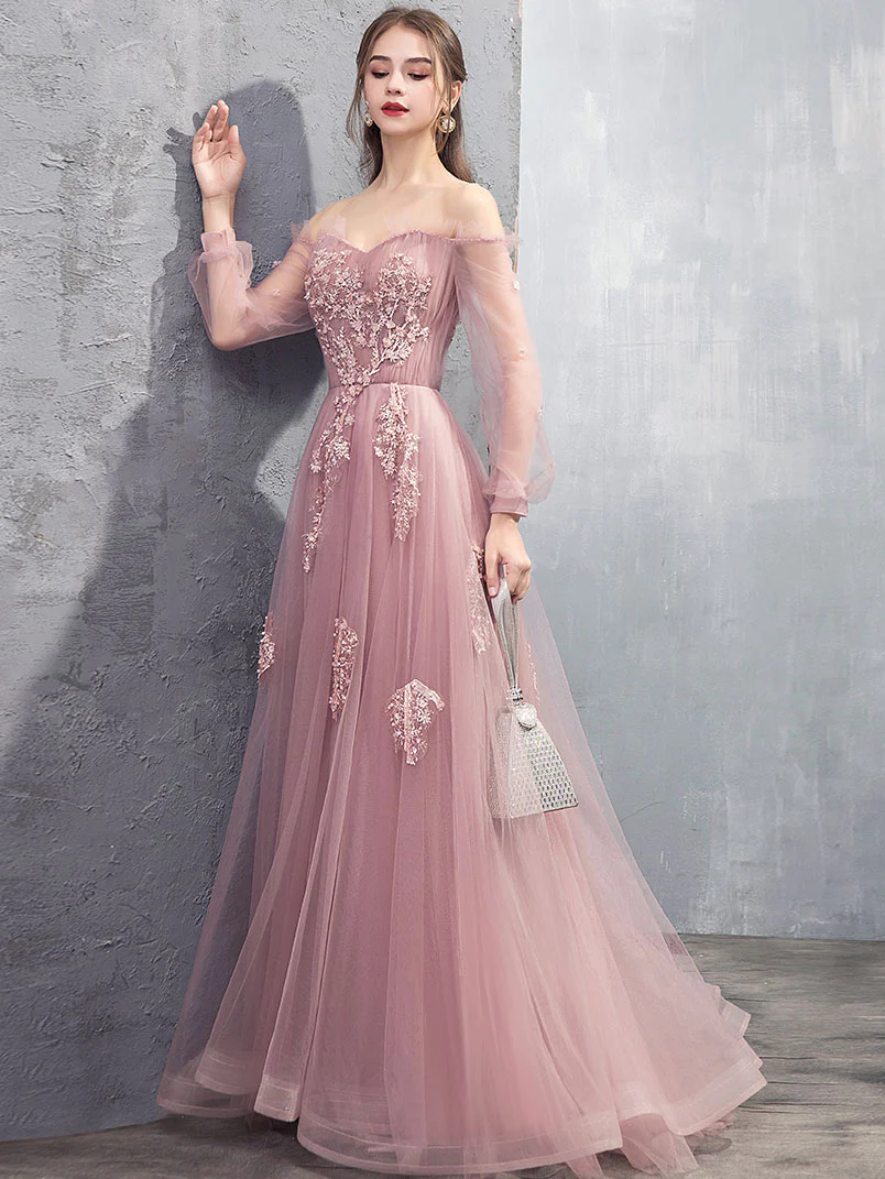 Pink A-line Tulle Lace Long Prom Dress Pink Lace Evening Dress nv861