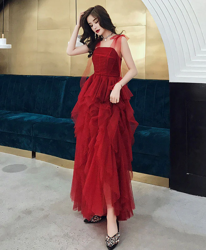 Burgunderrotes langes Ballkleid aus Tüll mit herzförmigem Ausschnitt, Burgunderrotes Abendkleid nv582